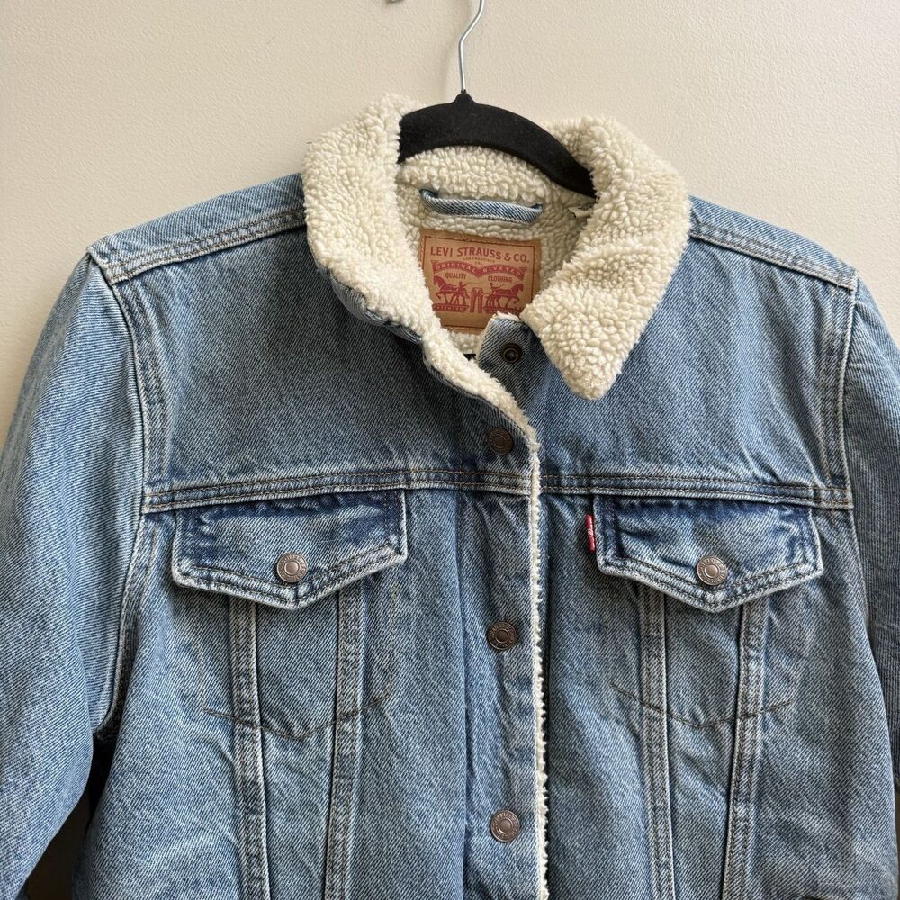 Levi's Light Blue Sherpa Lined Denim Trucker Jean Jacket Snap Closure Size L - Picture 2 of 10